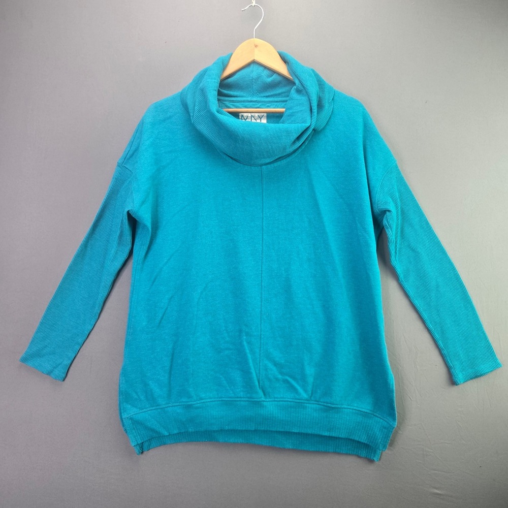 Marc New York Sweatshirt Cowl Neck Waffle Knit L Teal Blue Oversized Pullover